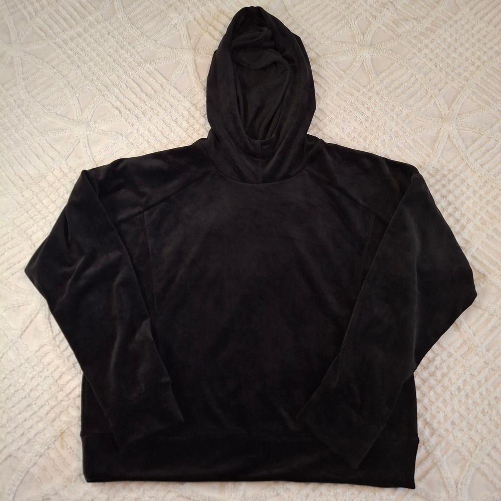 Evereve Womens XL Hoodie Black Velour Pullover Long Sleeve Relaxed Fit